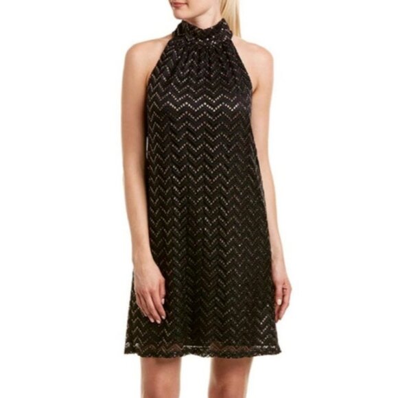 Trina Turk Morrison Dress M Medium Black Gold Mock Neck Stretch Shift NWT $178 - Picture 1 of 12